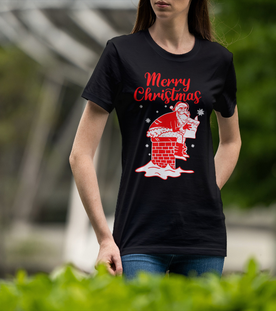 Merry Christmas Santa Pooping Naughty List Snowflakes Chimney T-Shirt
