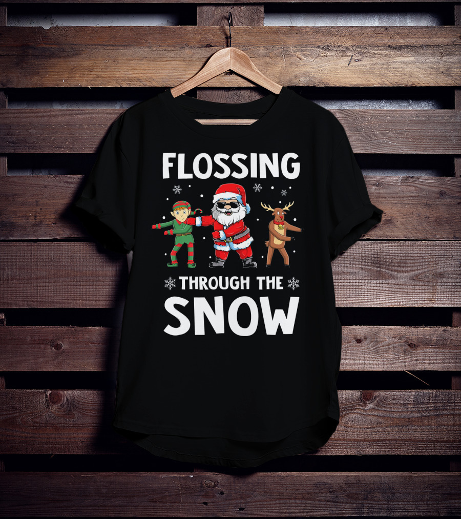 Flossing Through The Snow With Santa Elf And Reindeer T-Shirt
