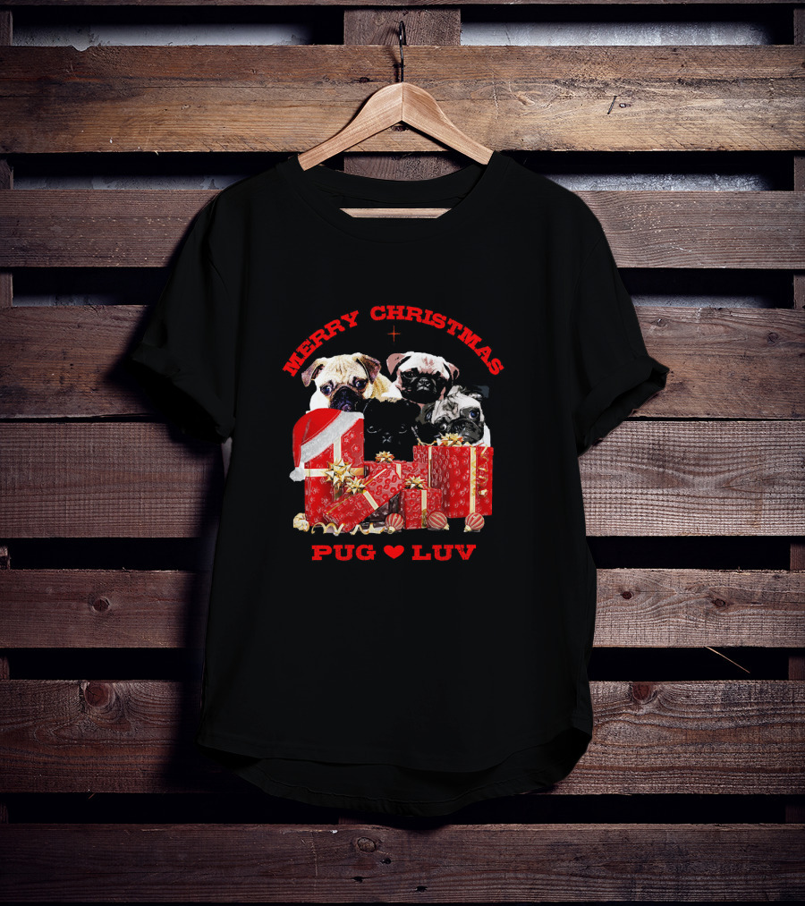 Merry Christmas Pug Luv With Pug Dogs And Gifts T-Shirt