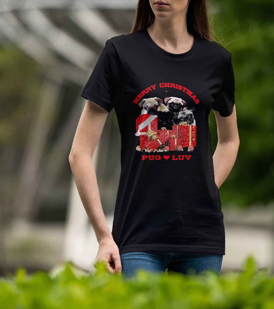 Merry Christmas Pug Luv With Pug Dogs And Gifts T-Shirt