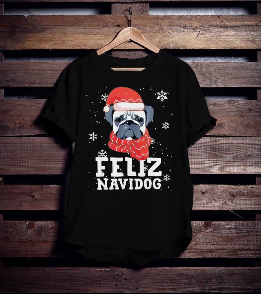 Feliz Navidog Pug Dog With Santa Hat And Scarf Snowflakes T-Shirt