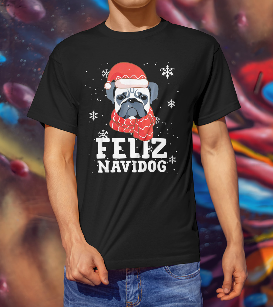 Feliz Navidog Pug Dog With Santa Hat And Scarf Snowflakes T-Shirt