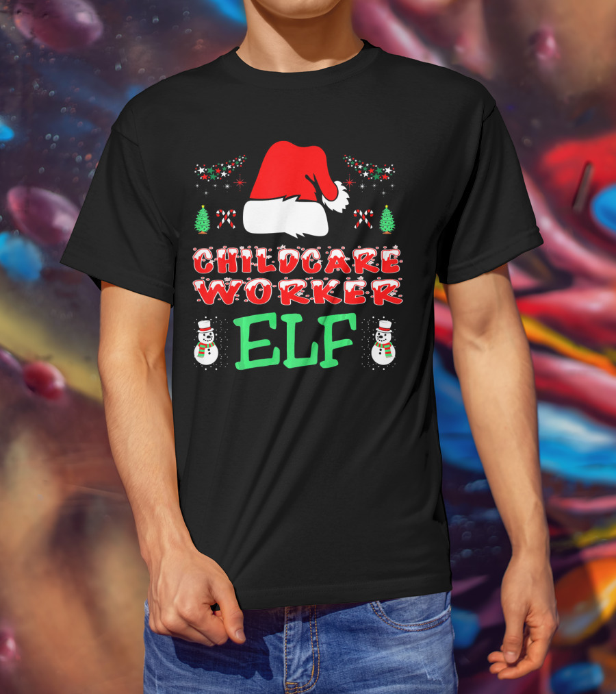 Childcare Worker Elf Santa Hat Candy Canes Snowmen Christmas Trees T-Shirt