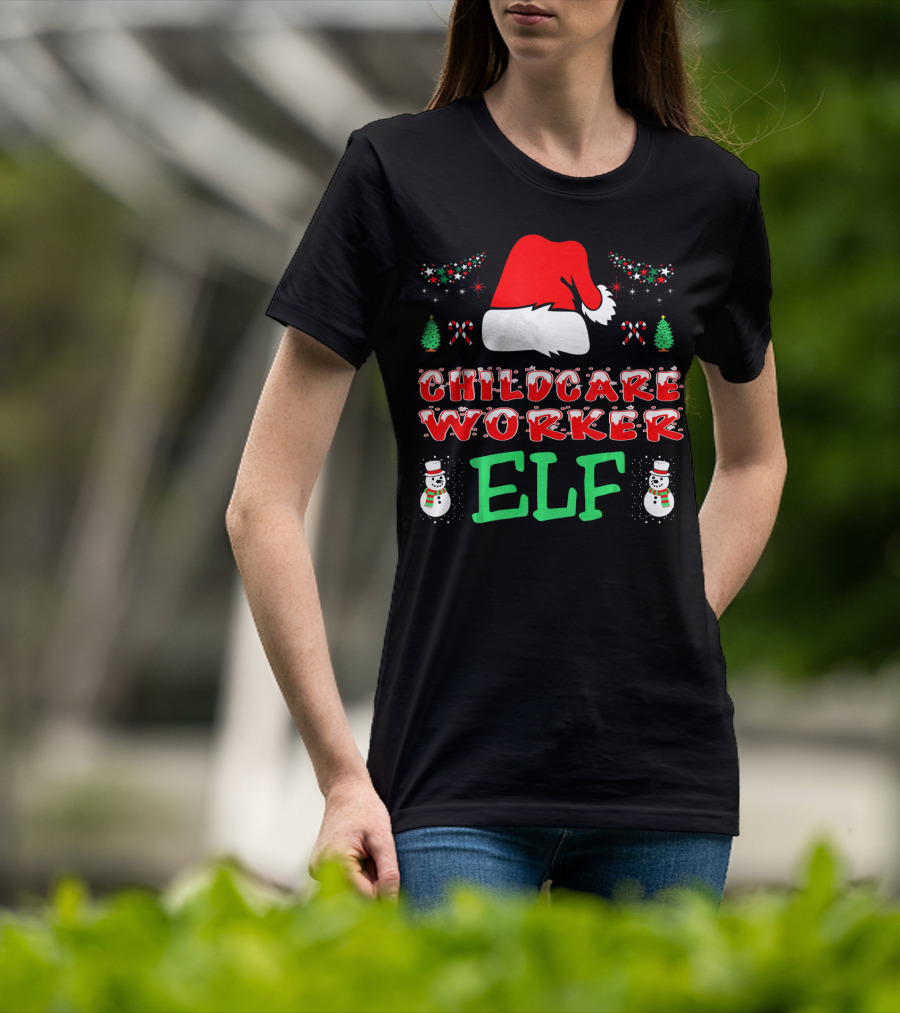 Childcare Worker Elf Santa Hat Candy Canes Snowmen Christmas Trees T-Shirt