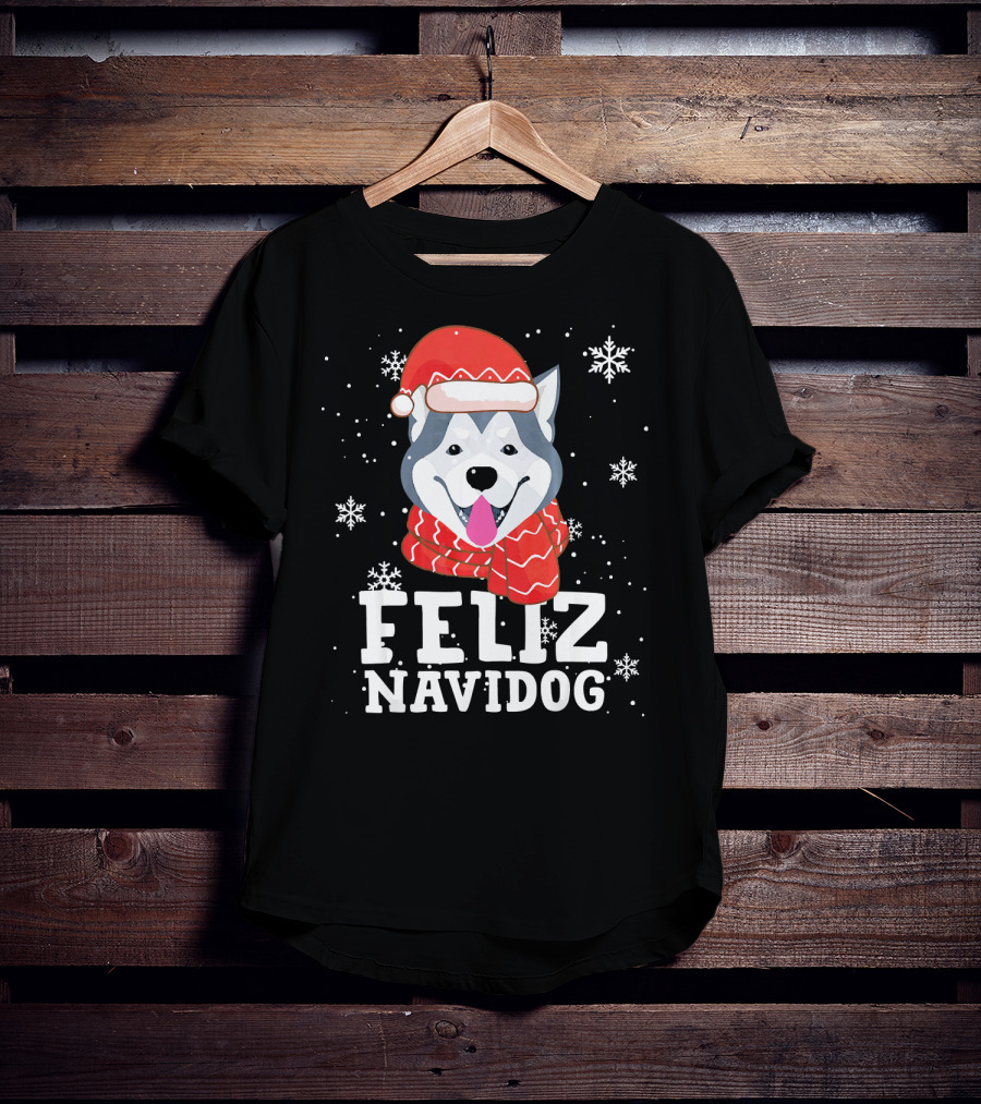 Feliz Navidog Husky Siberian Dog Festive Holiday Santa Hat And Snowflakes T-Shirt
