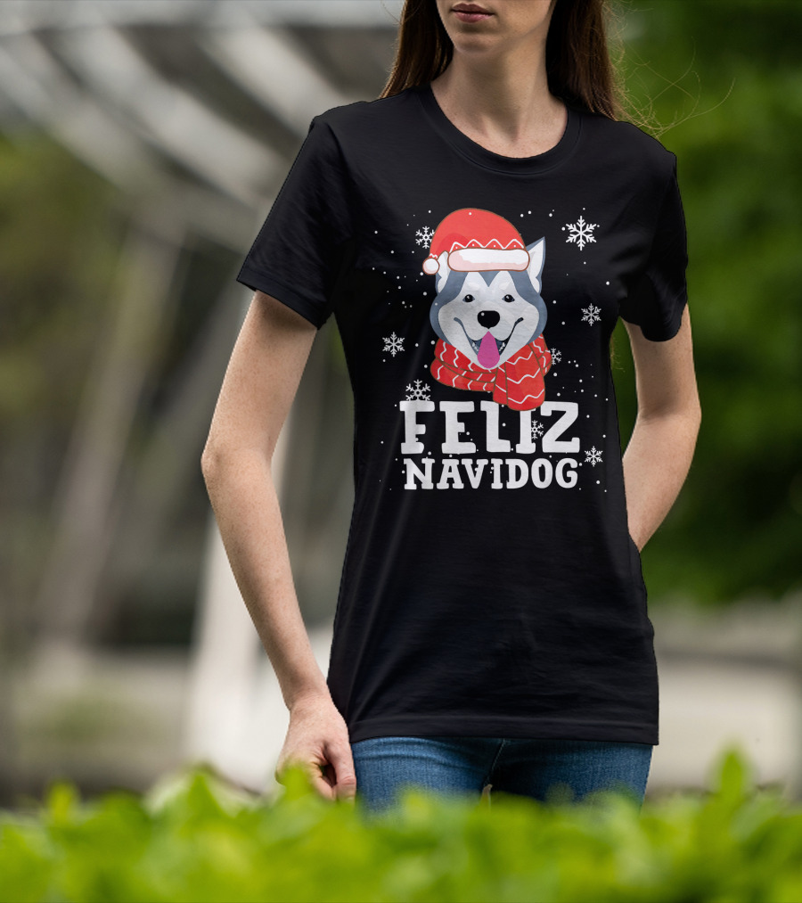 Feliz Navidog Husky Siberian Dog Festive Holiday Santa Hat And Snowflakes T-Shirt