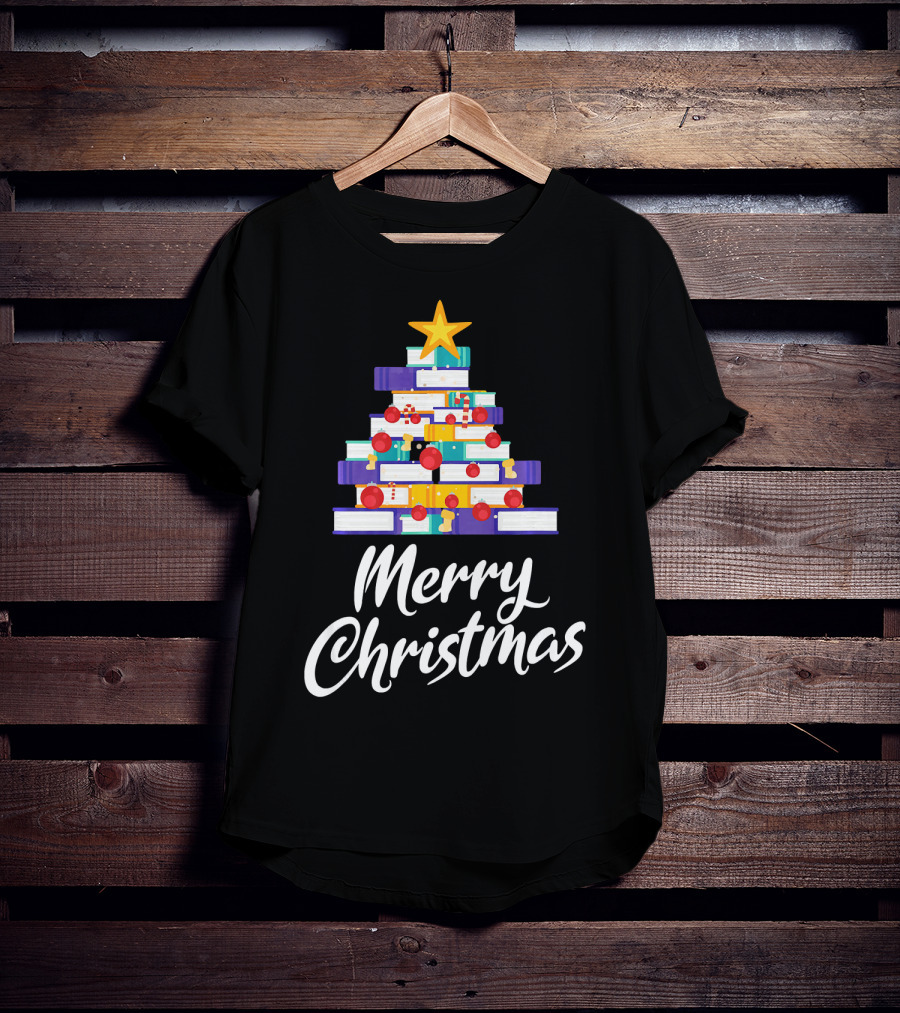 Merry Christmas Tree Stack Of Books Holiday Decor T-Shirt
