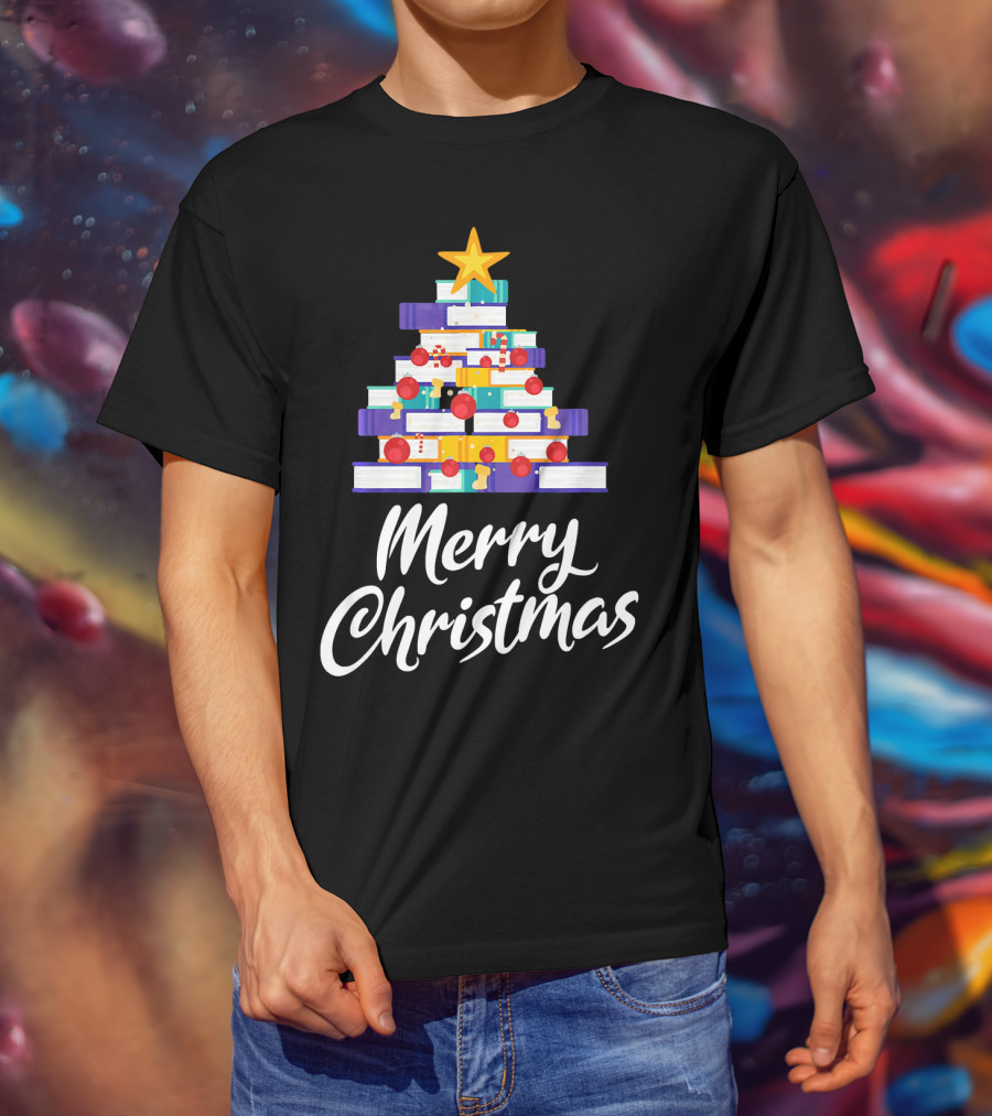 Merry Christmas Tree Stack Of Books Holiday Decor T-Shirt