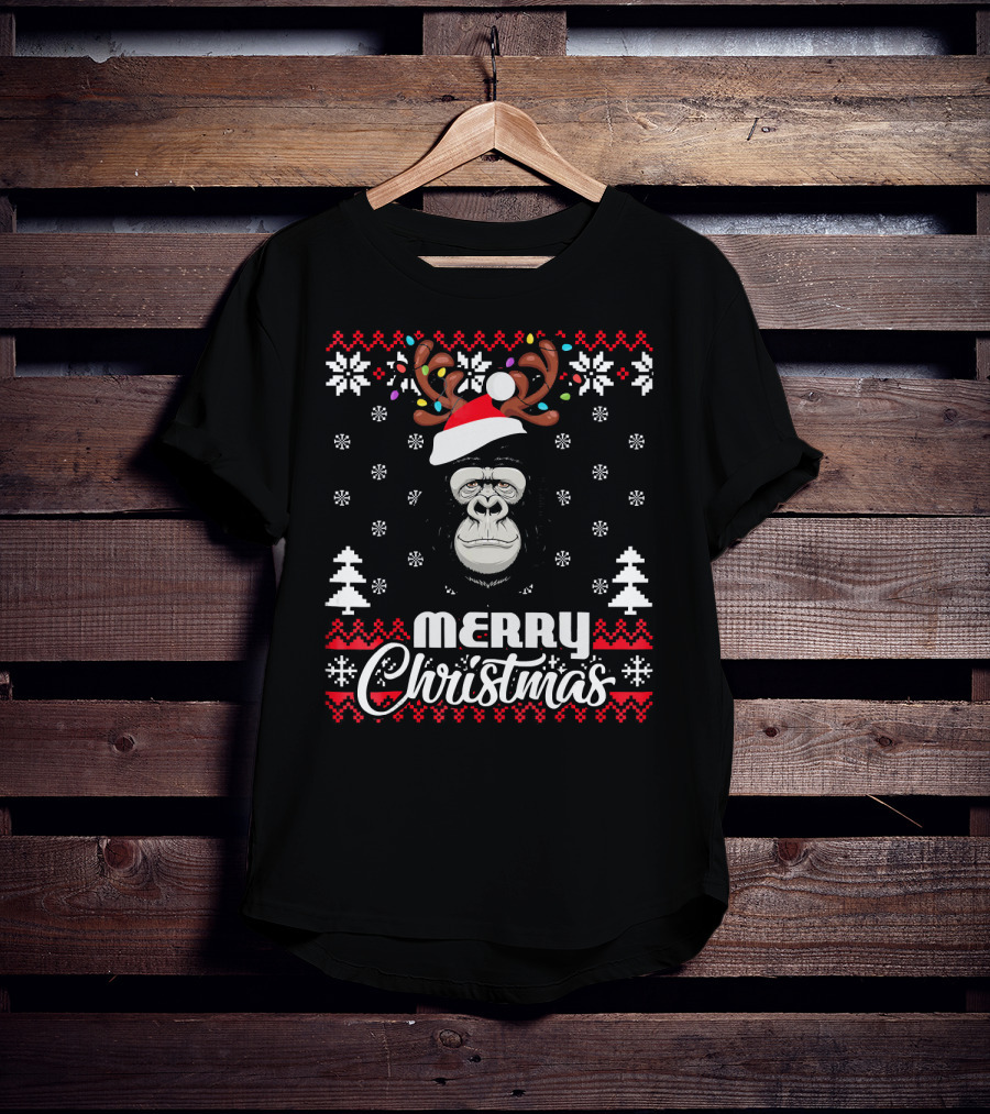 Gorilla Santa Hat Antler Merry Christmas UglySt T-Shirt