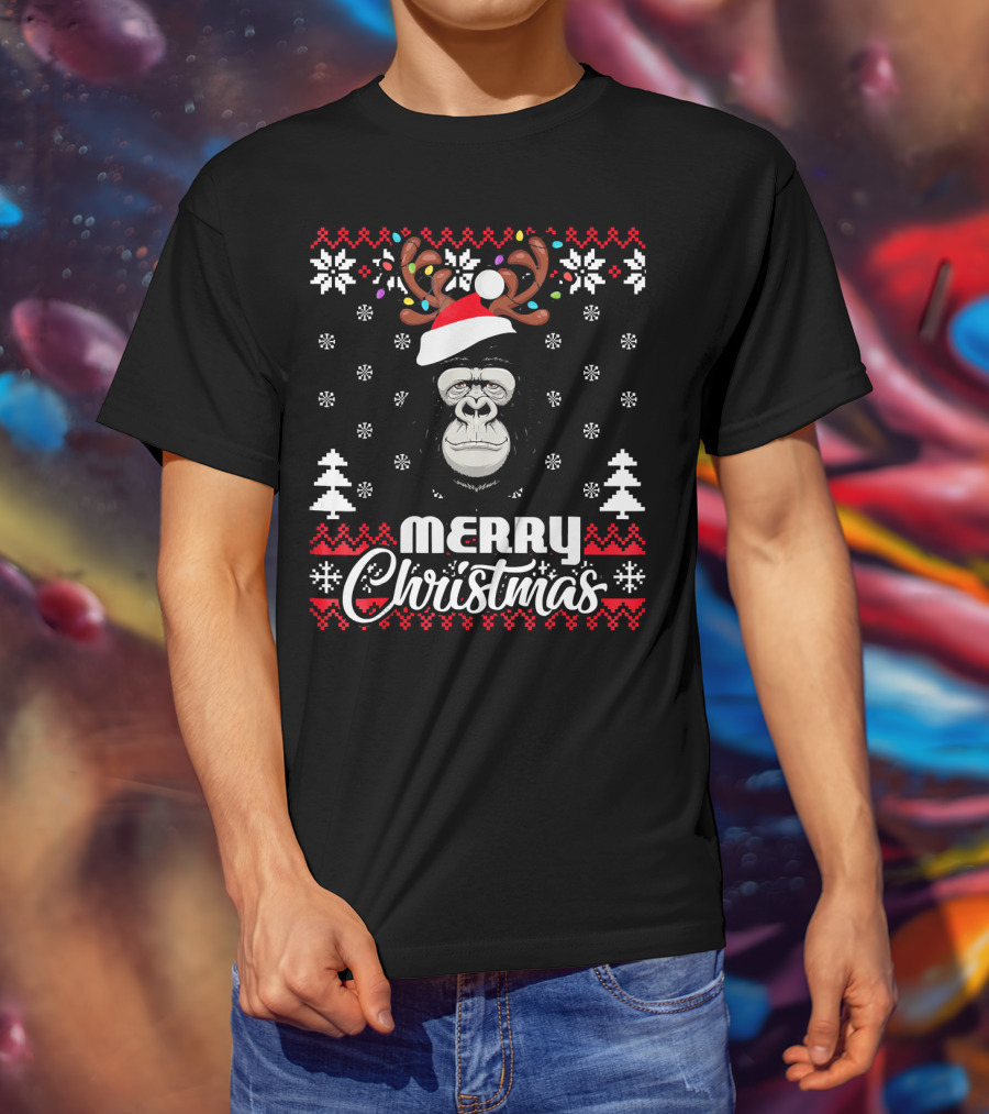 Gorilla Santa Hat Antler Merry Christmas UglySt T-Shirt