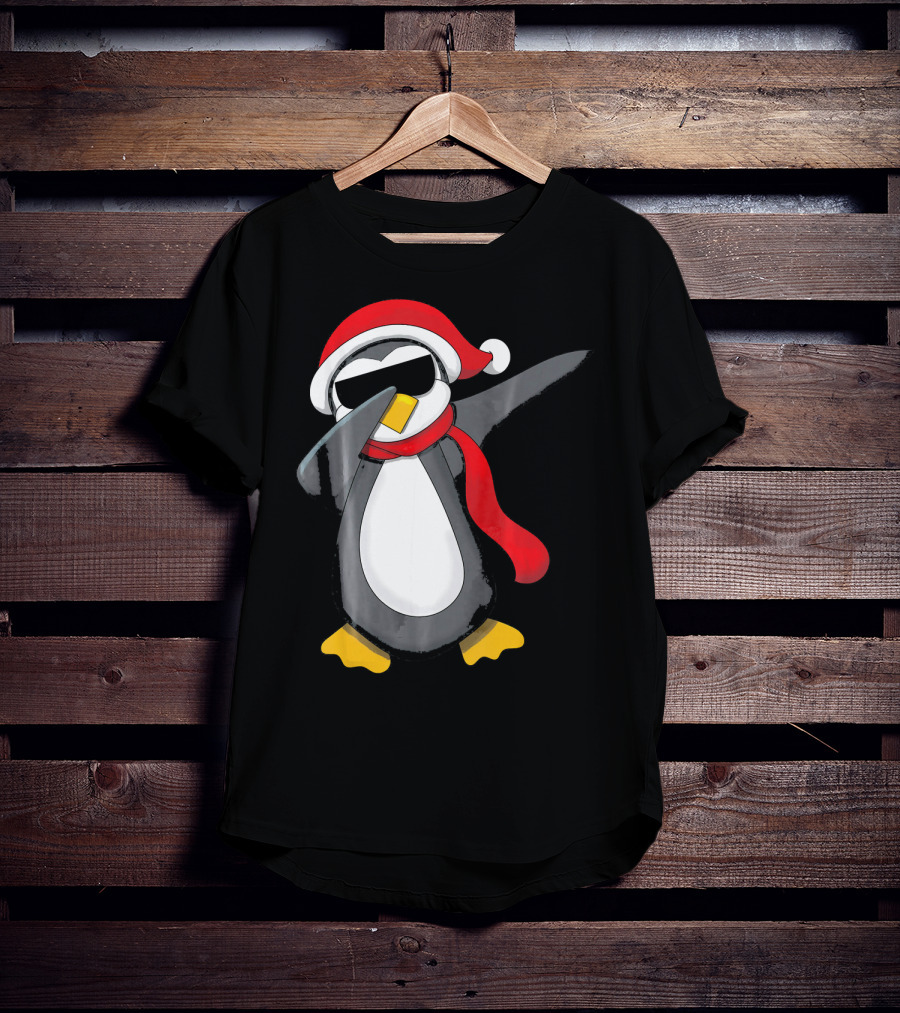 Dabbing Penguin Christmas Mornin Santa Hat Scarf Holiday Fun T-Shirt
