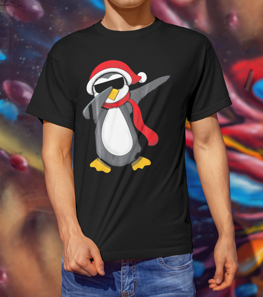 Dabbing Penguin Christmas Mornin Santa Hat Scarf Holiday Fun T-Shirt