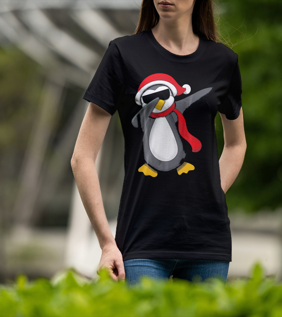 Dabbing Penguin Christmas Mornin Santa Hat Scarf Holiday Fun T-Shirt
