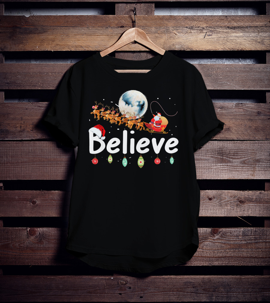 Believe Santa Sleigh Reindeer Moon Christmas Xmas T-Shirt