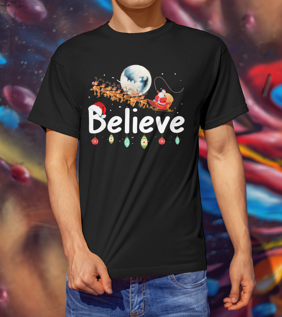 Believe Santa Sleigh Reindeer Moon Christmas Xmas T-Shirt