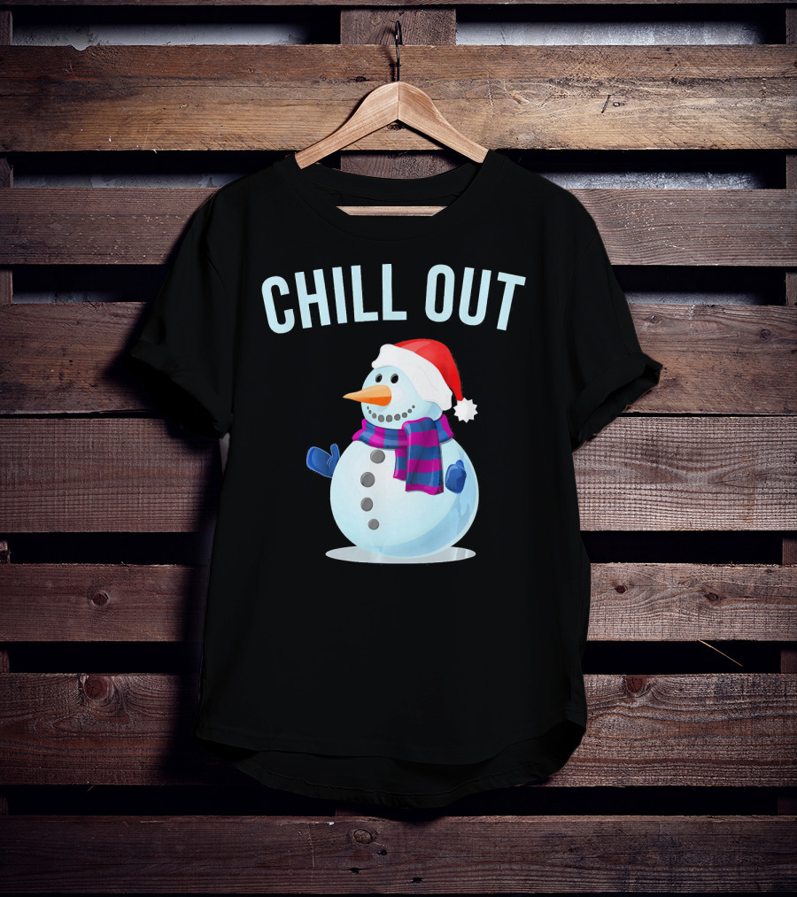Chill Out Snowman Santa Hat And Scarf Winter Vibes T-Shirt