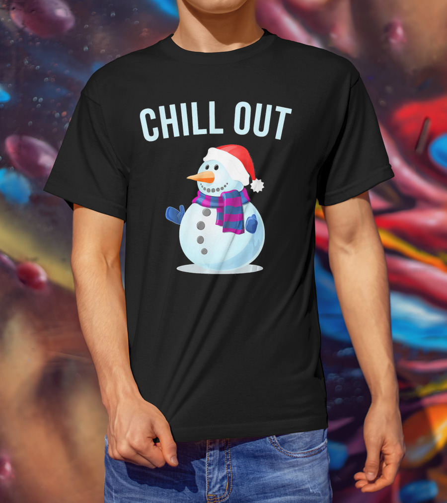 Chill Out Snowman Santa Hat And Scarf Winter Vibes T-Shirt