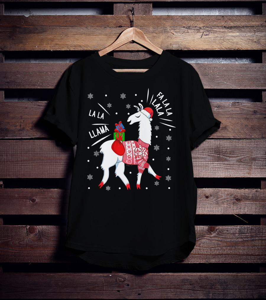 Fa La La Fa La La La La Llama Christmas Santa Hat Sweater Snowflakes T-Shirt