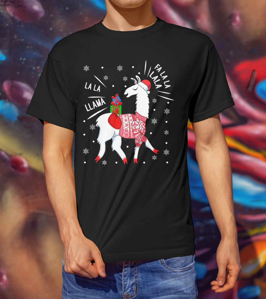 Fa La La Fa La La La La Llama Christmas Santa Hat Sweater Snowflakes T-Shirt