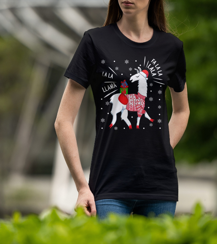 Fa La La Fa La La La La Llama Christmas Santa Hat Sweater Snowflakes T-Shirt