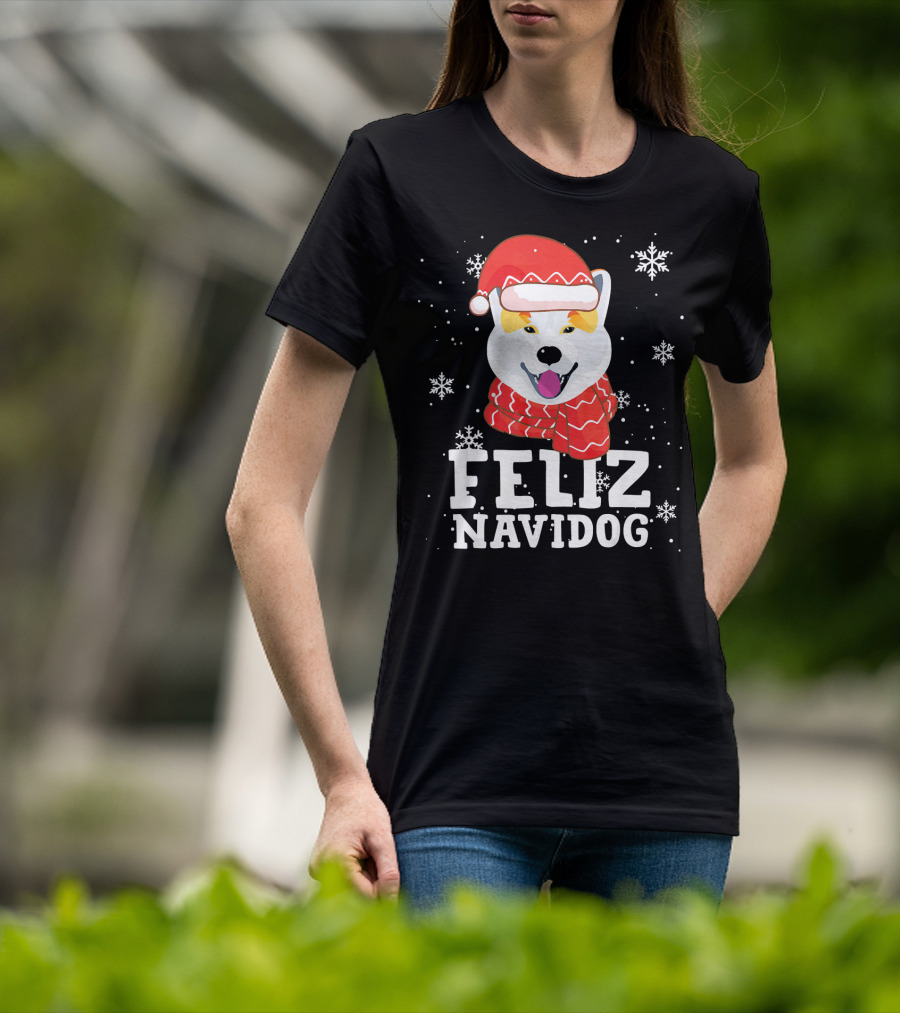 Feliz Navidog Shiba Inu Santa Hat Snowflakes T-Shirt