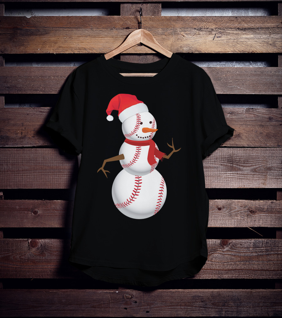 Snowman Made Of Baseballs With Santa Hat And Scarf T-Shirt