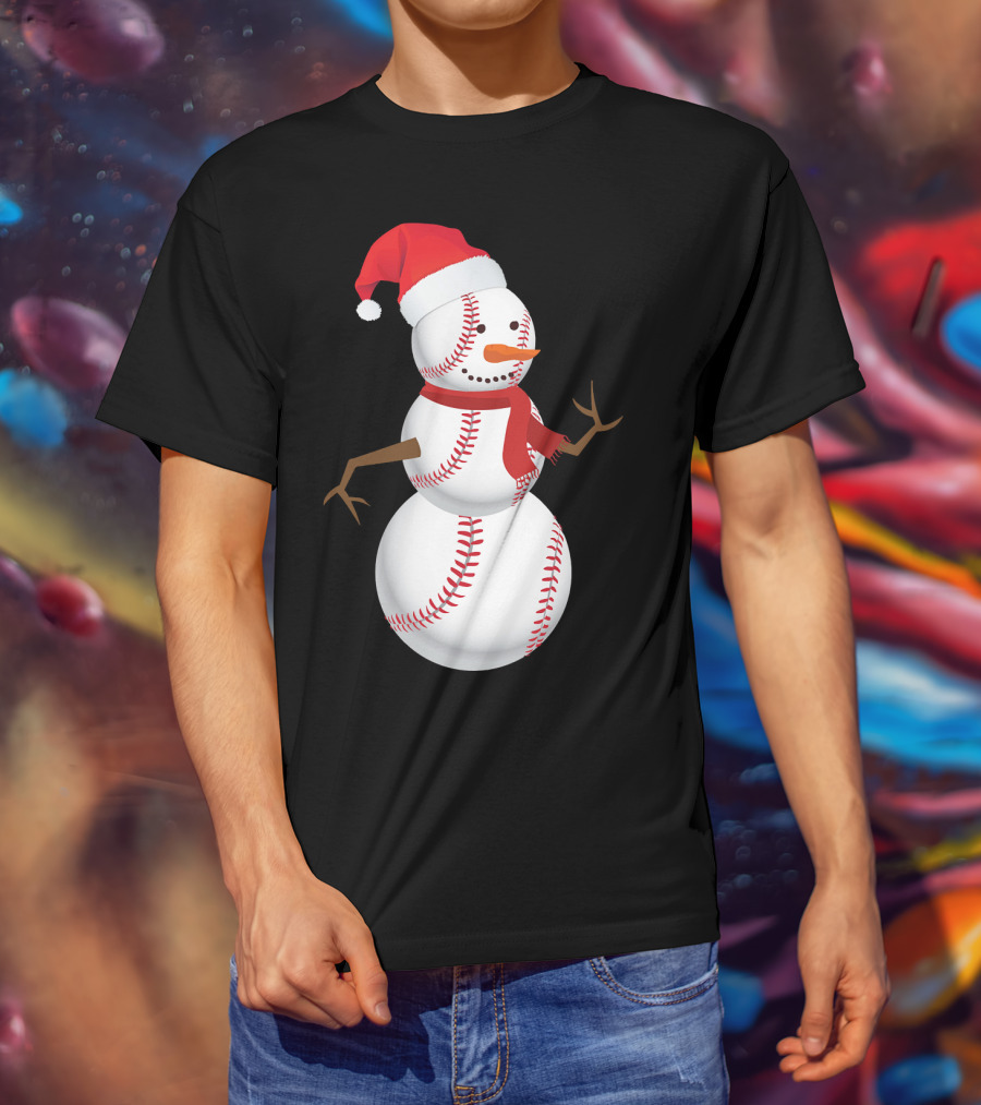 Snowman Made Of Baseballs With Santa Hat And Scarf T-Shirt