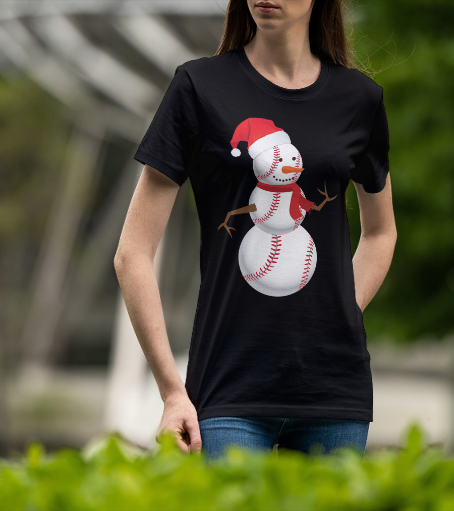 Snowman Made Of Baseballs With Santa Hat And Scarf T-Shirt