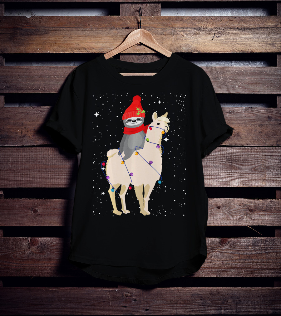 Sloth In Red Beanie And Scarf Riding Llama With Christmas Lights T-Shirt