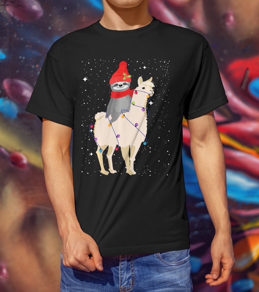 Sloth In Red Beanie And Scarf Riding Llama With Christmas Lights T-Shirt