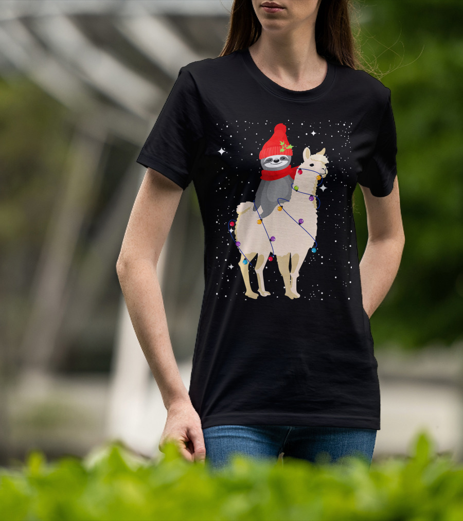 Sloth In Red Beanie And Scarf Riding Llama With Christmas Lights T-Shirt