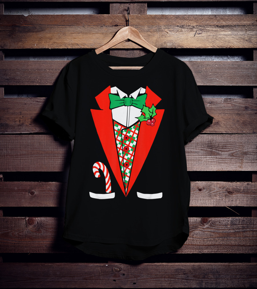 Candy Cane Green Red Tuxedo With Holly Bow Tie T-Shirt