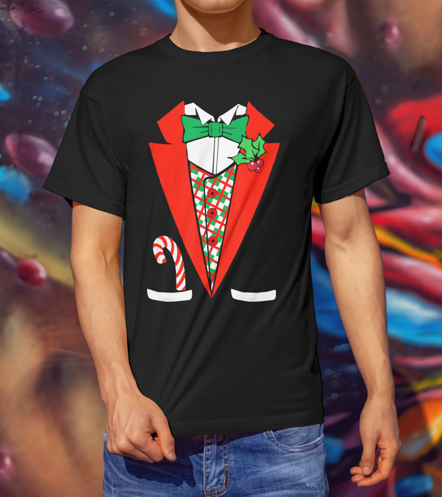 Candy Cane Green Red Tuxedo With Holly Bow Tie T-Shirt