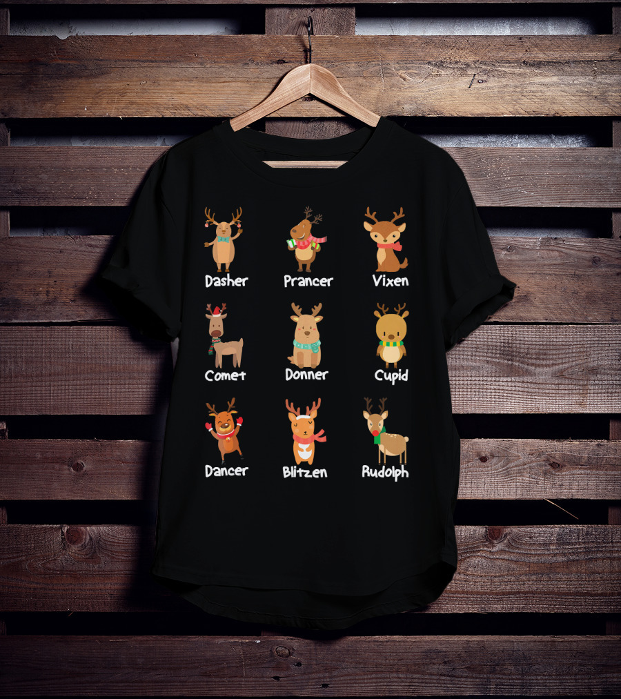 Santa's Reindeer Dasher Prancer Vixen Comet Donner Cupid Dancer Blitzen Rudolph Merry T-Shirt