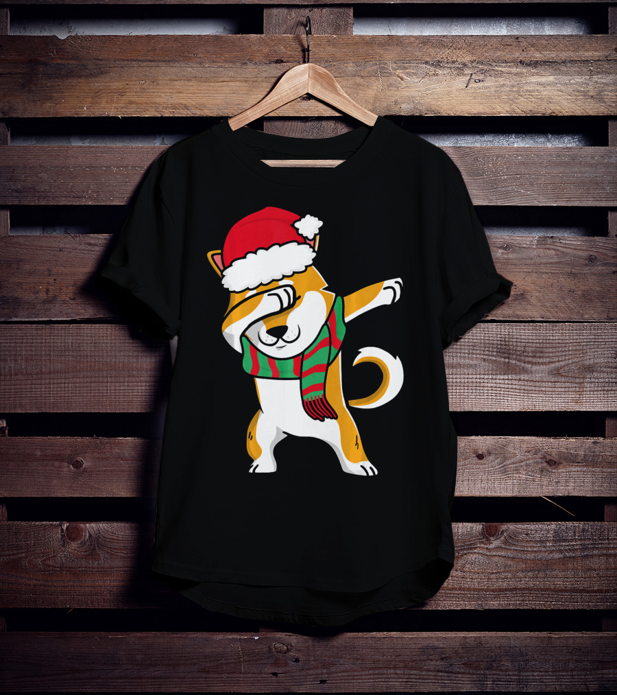 Dabbing Shiba Dog Christmas Santa Hat Scarf T-Shirt
