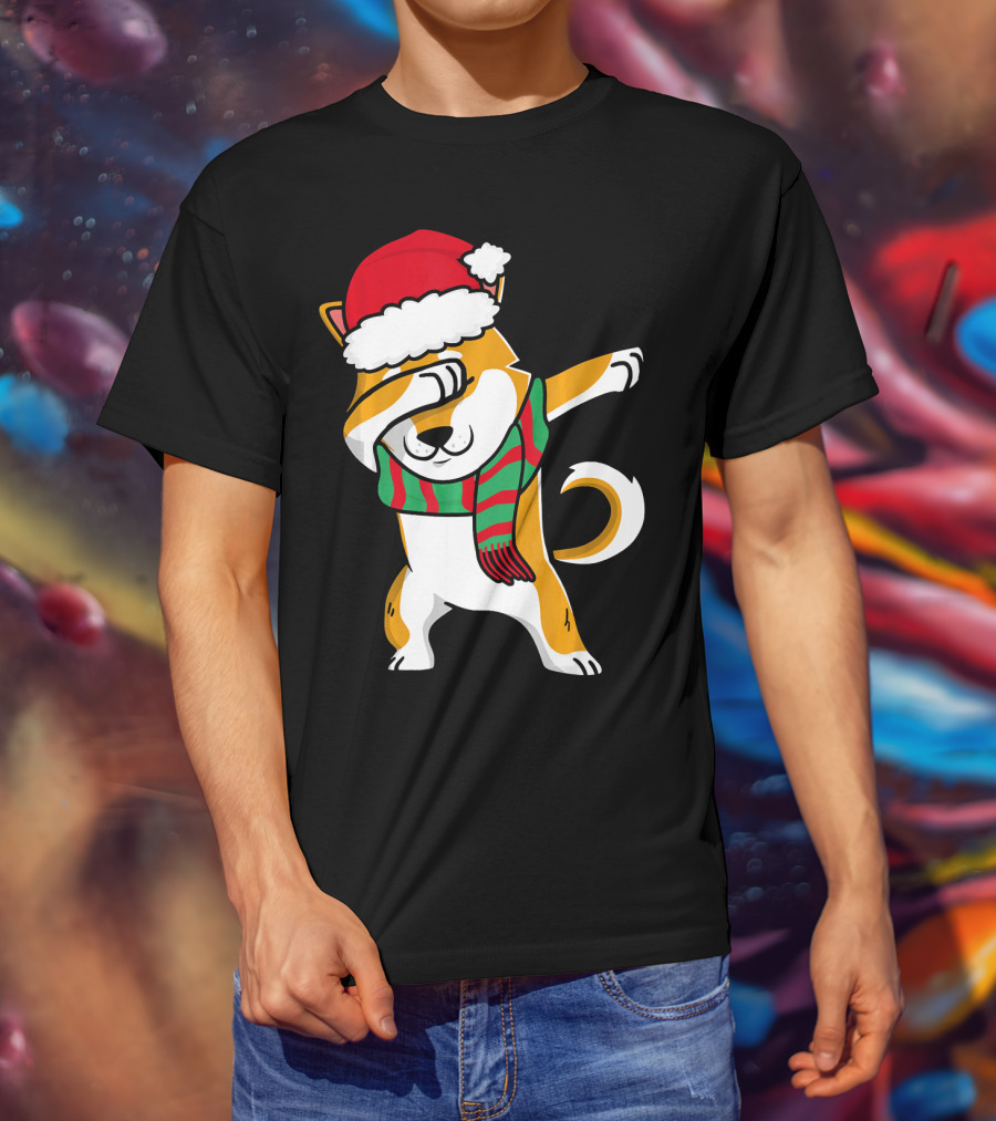 Dabbing Shiba Dog Christmas Santa Hat Scarf T-Shirt