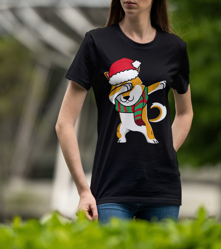 Dabbing Shiba Dog Christmas Santa Hat Scarf T-Shirt