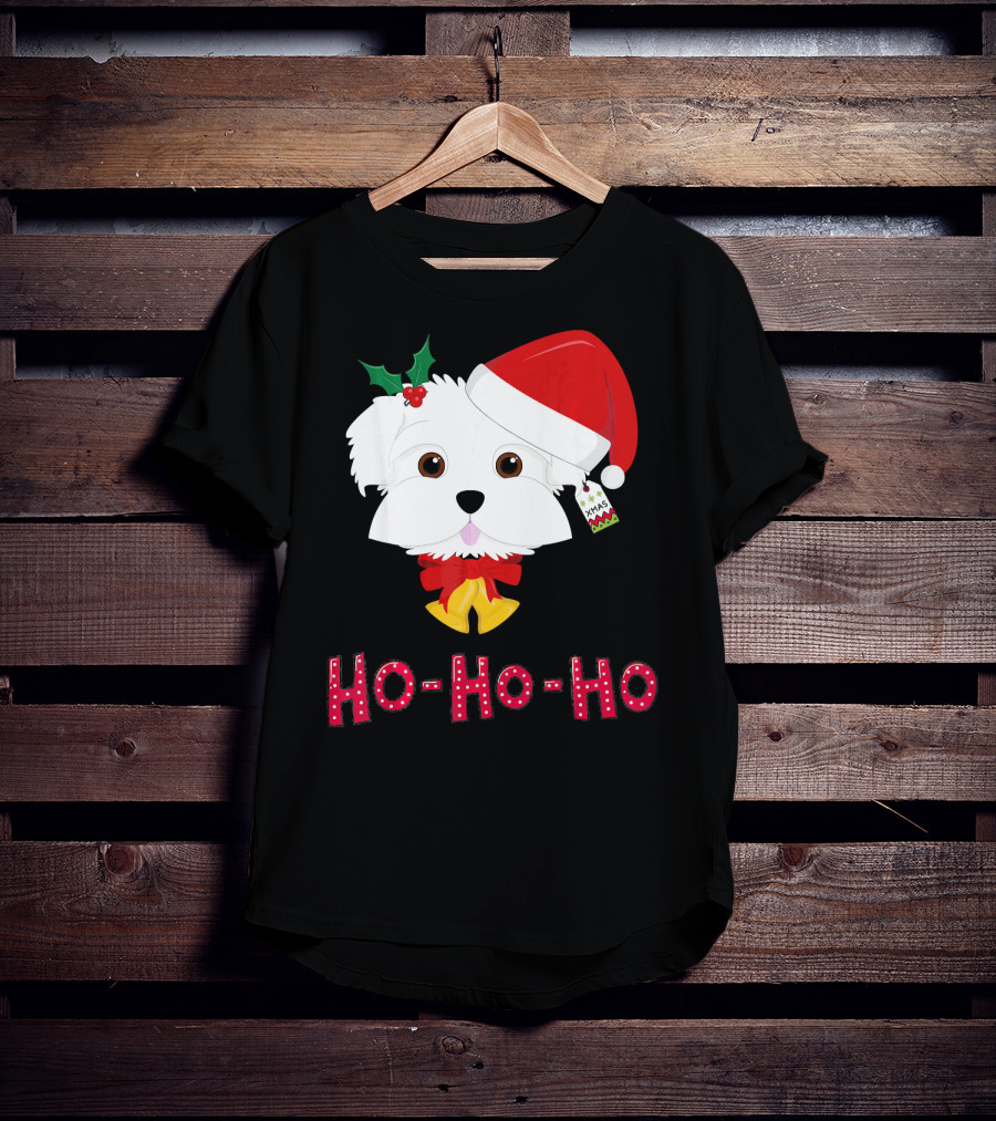 Maltese Dog In Santa Hat With Holly And Ho-Ho-Ho Text T-Shirt