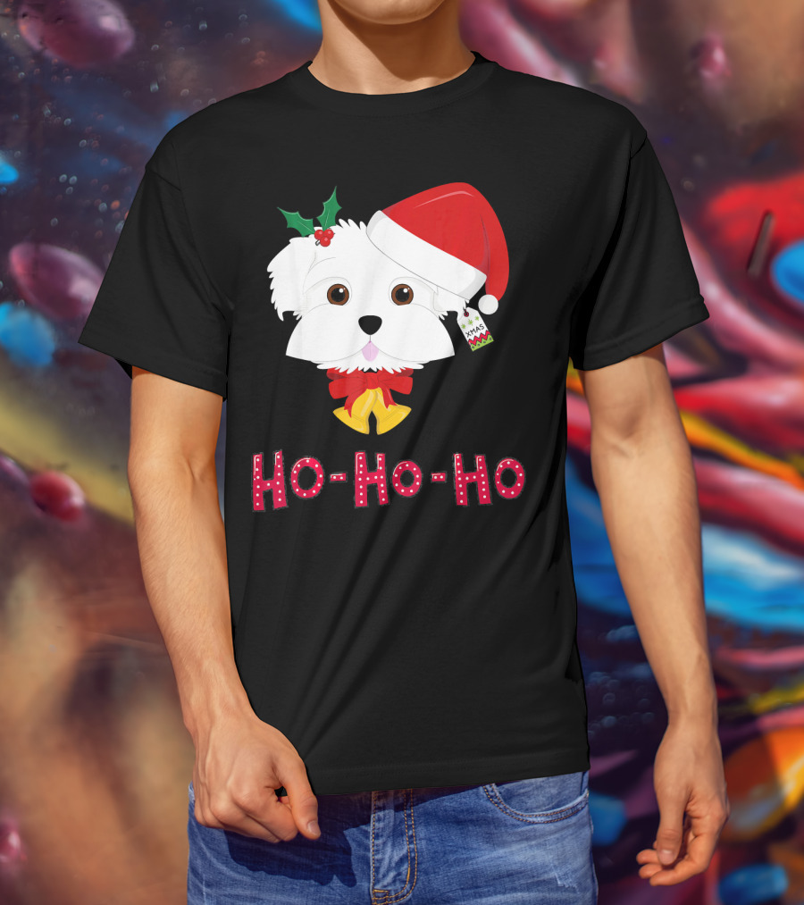 Maltese Dog In Santa Hat With Holly And Ho-Ho-Ho Text T-Shirt