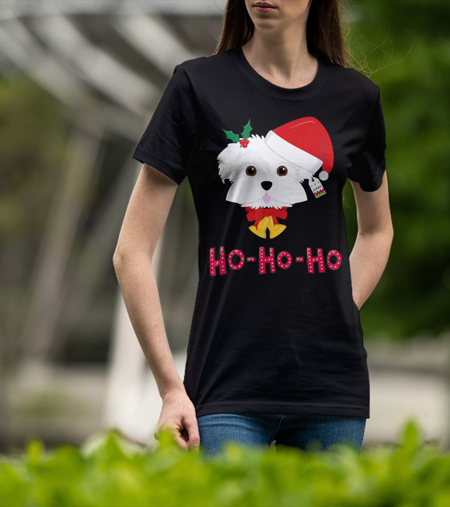 Maltese Dog In Santa Hat With Holly And Ho-Ho-Ho Text T-Shirt