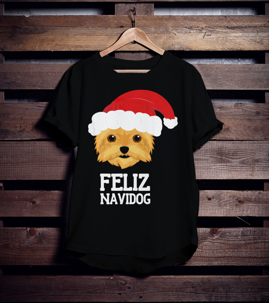 Feliz Navidog Merry Christmas Yorksh Dog Santa Hat T-Shirt