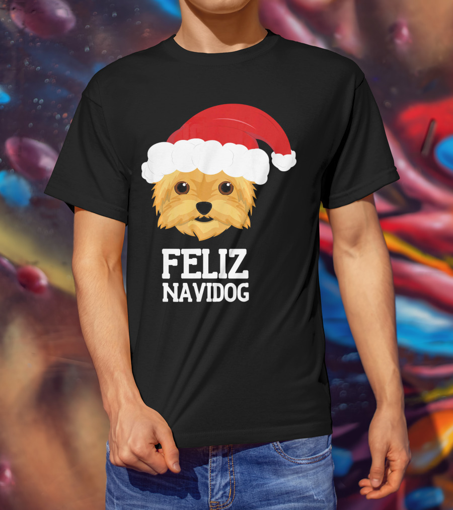 Feliz Navidog Merry Christmas Yorksh Dog Santa Hat T-Shirt