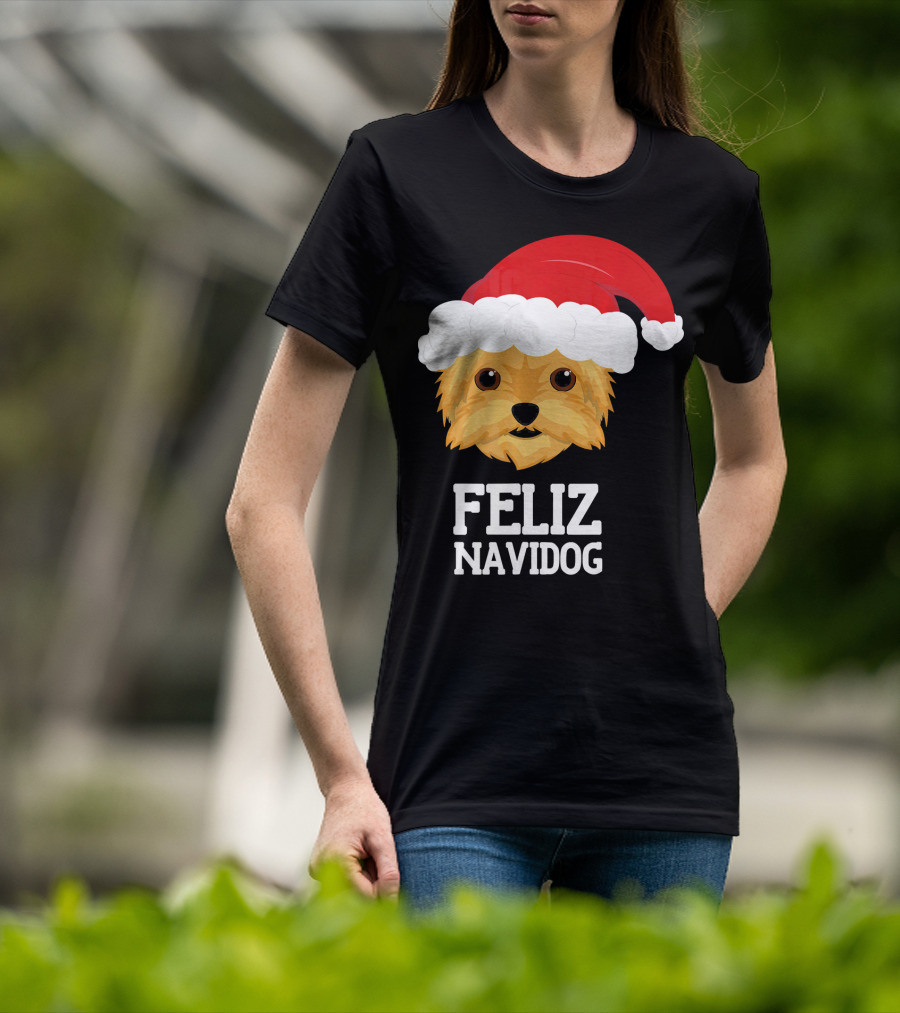 Feliz Navidog Merry Christmas Yorksh Dog Santa Hat T-Shirt