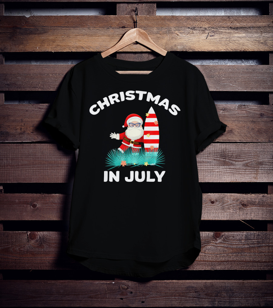 Christmas In July Santa Surfing With Hawaiian Flair T-Shirt