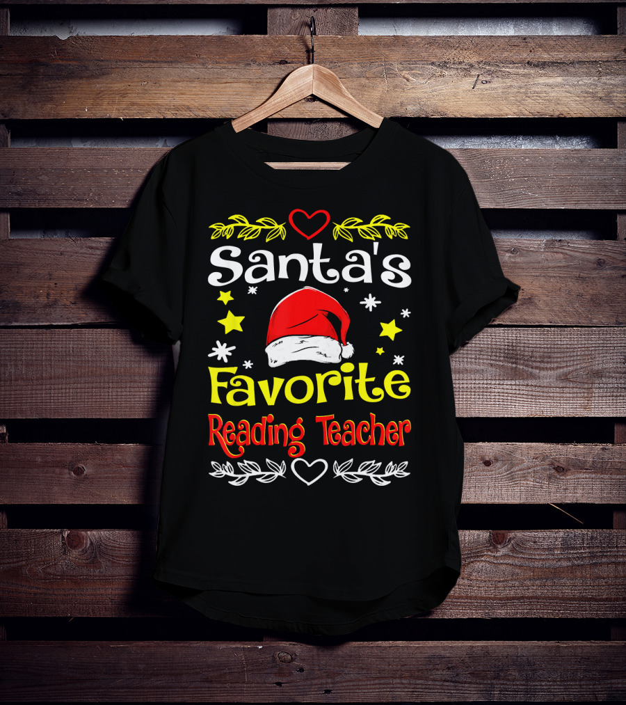 Santa's Favorite Reading Teacher Christmas Hat And Stars T-Shirt