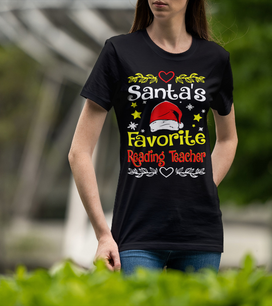 Santa's Favorite Reading Teacher Christmas Hat And Stars T-Shirt