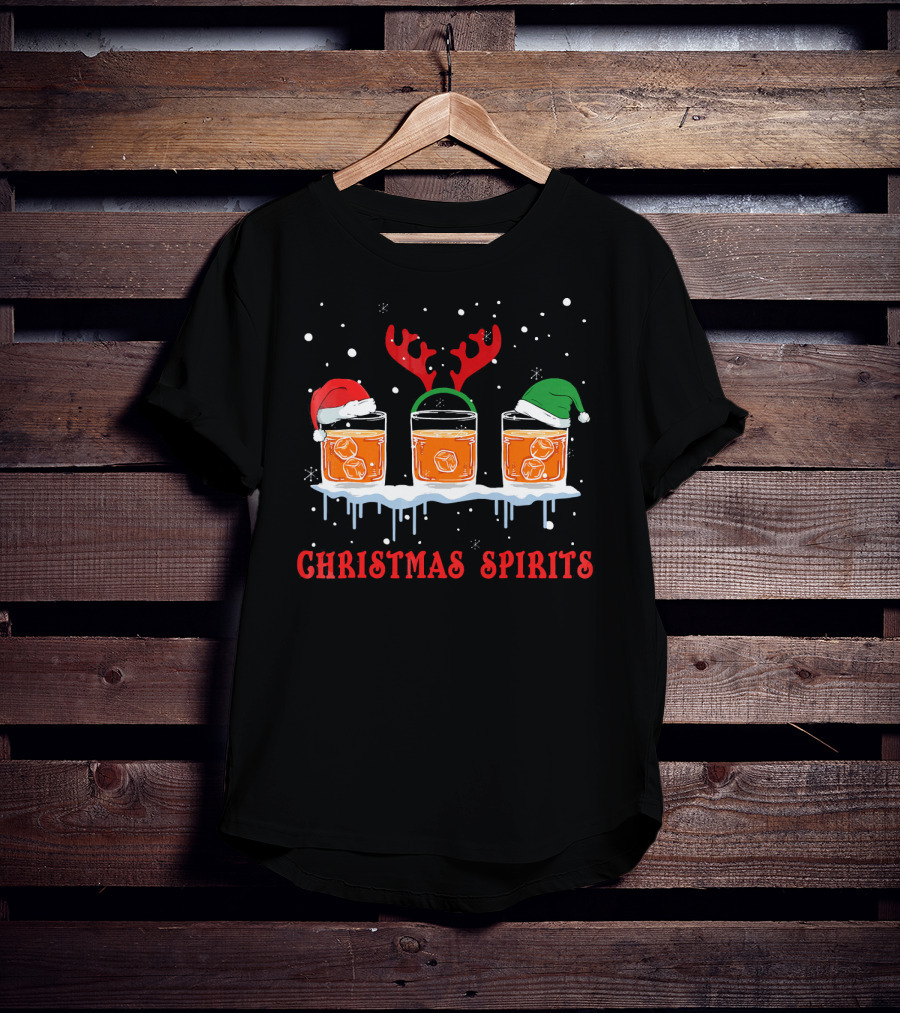 Christmas Spirits Bourbon Scotch Whiskey Santa Hat Reindeer Antlers Elf Hat T-Shirt