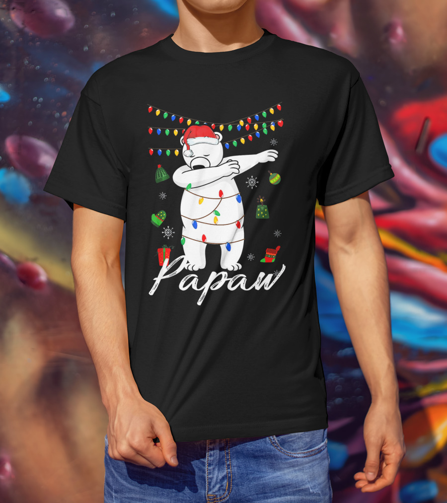 Papaw Bear Dabbing With Santa Hat And Christmas Lights And Gifts T-Shirt