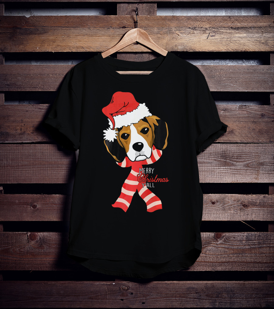 Merry Christmas Y'all Beagle Dog In Santa Hat And Striped Pajamas T-Shirt