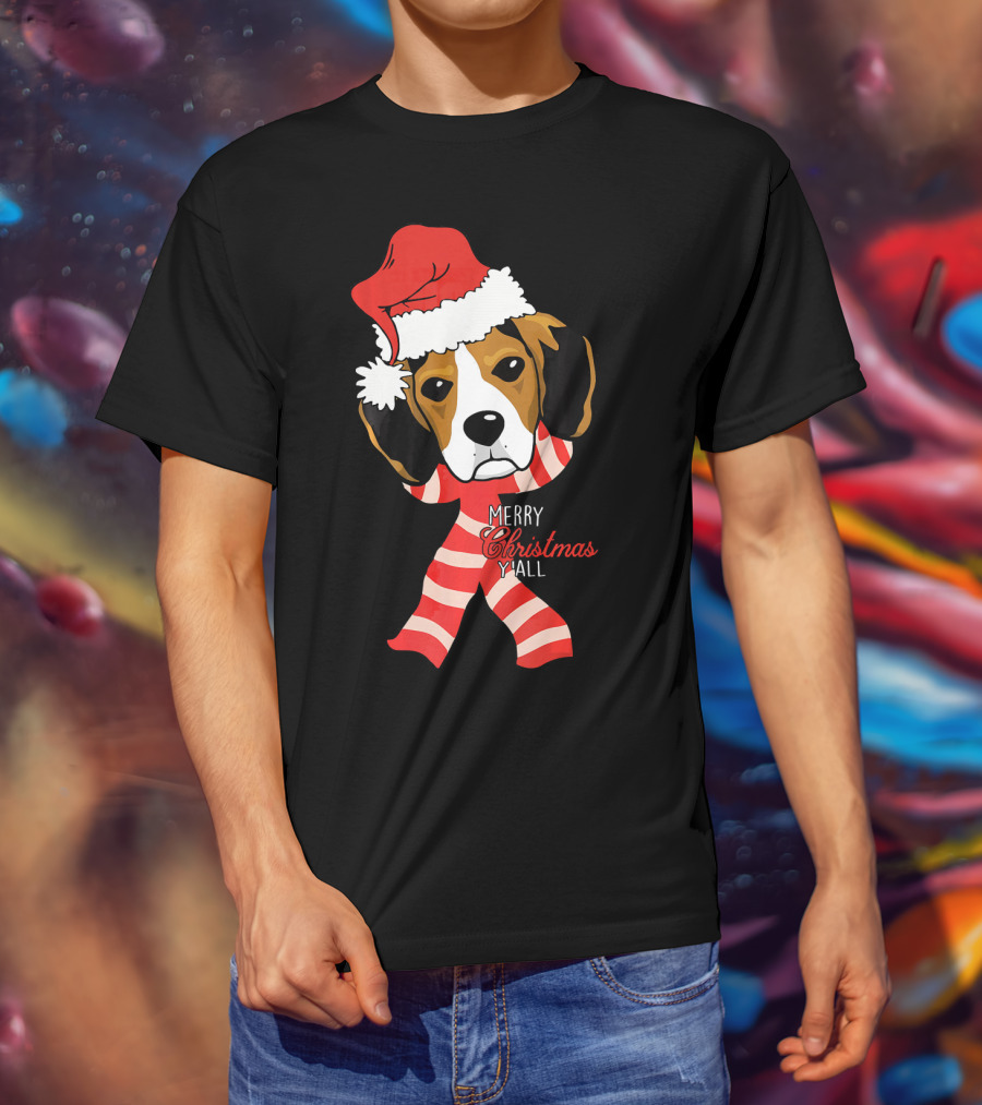 Merry Christmas Y'all Beagle Dog In Santa Hat And Striped Pajamas T-Shirt